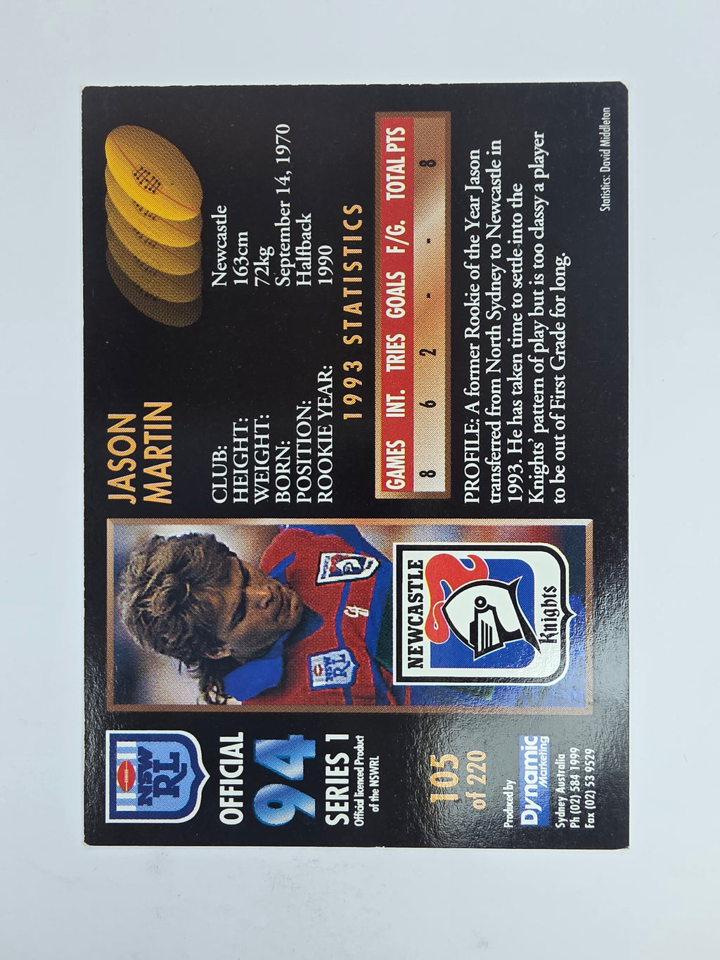 1994 Dynamic Series 1 Base Card #105 Jason Martin Newcastle Knights