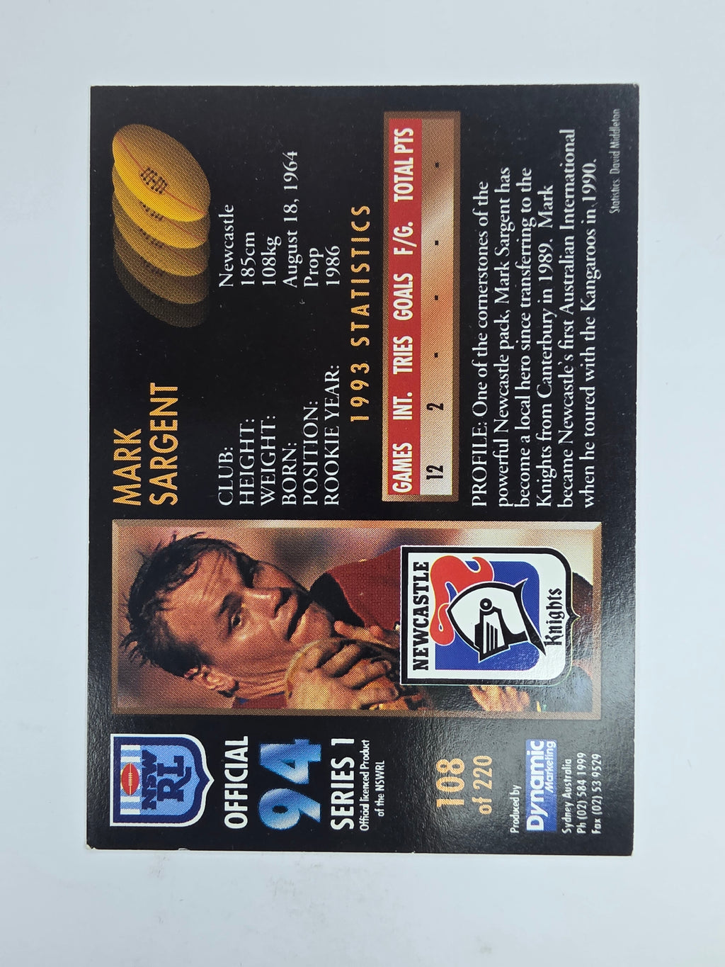 1994 Dynamic Series 1 Base Card #108 Mark Sargent Newcastle Knights