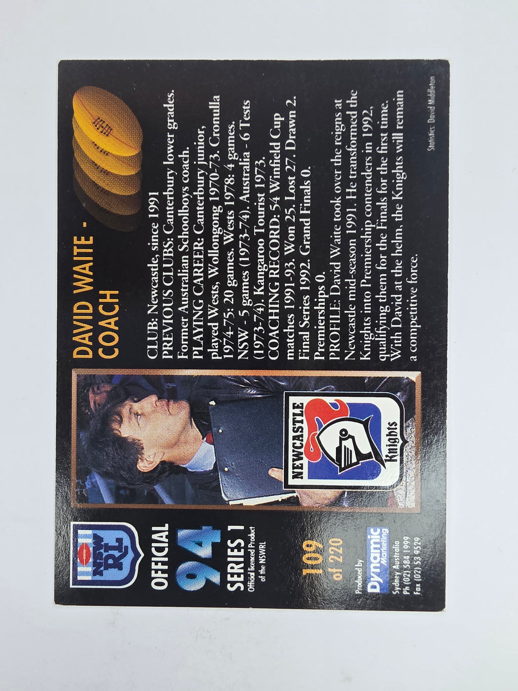 1994 Dynamic Series 1 Base Card #109 David Waite Newcastle Knights