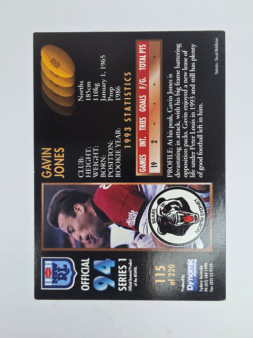 1994 Dynamic Series 1 Base Card #115 Gavin Jones North Sydney Bears
