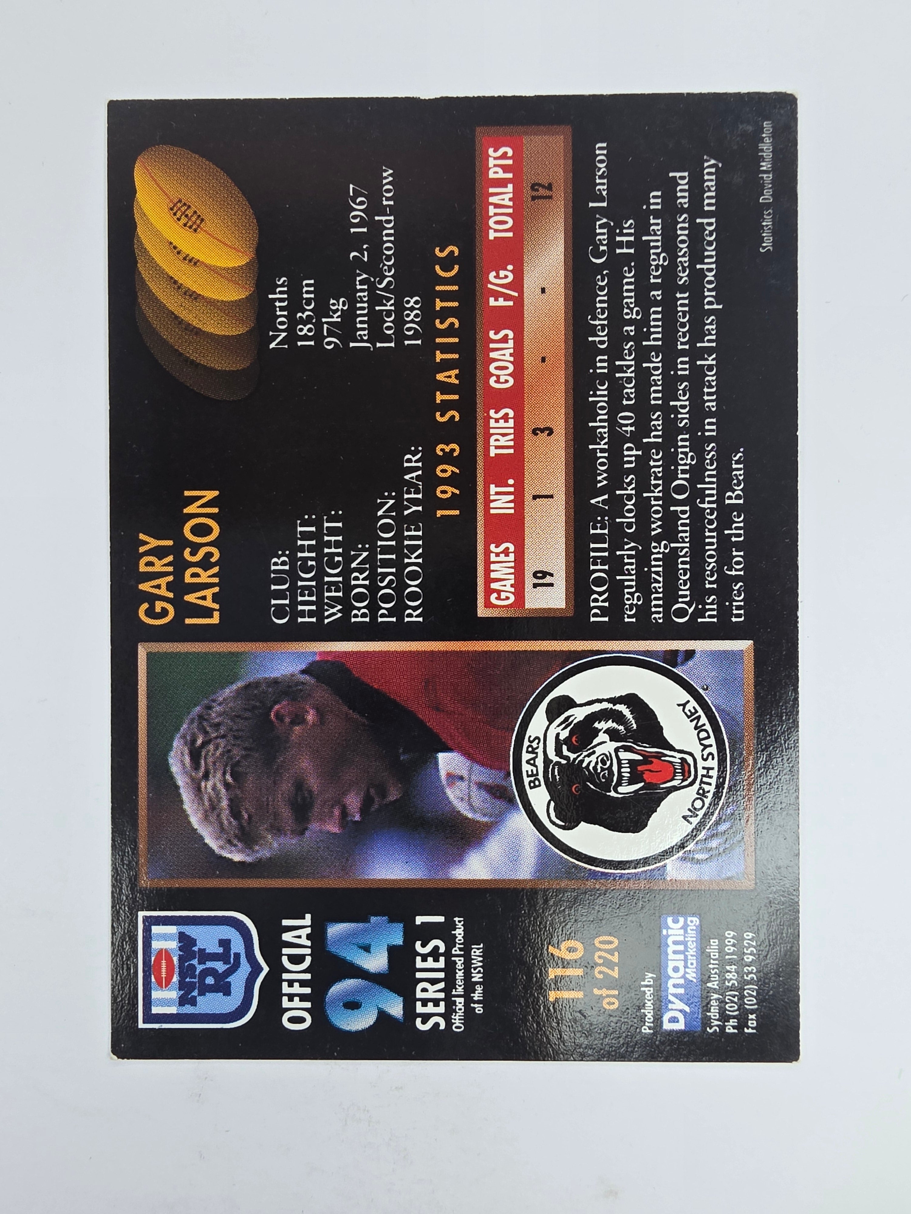 1994 Dynamic Series 1 Base Card #116 Gary Larson North Sydney Bears