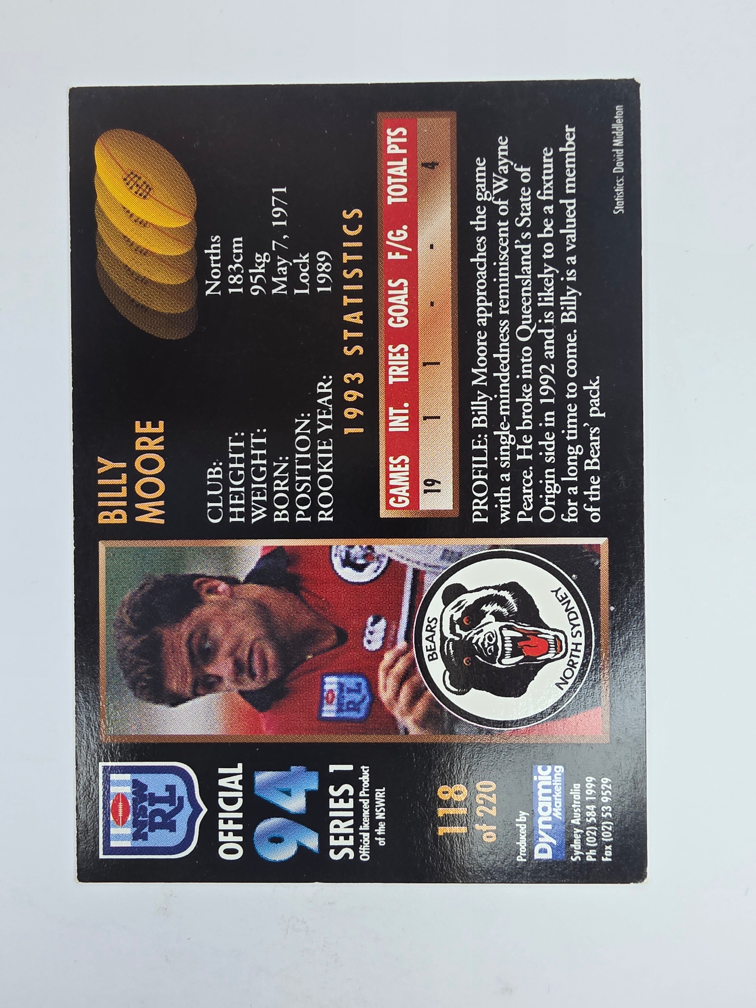 1994 Dynamic Series 1 Base Card #118 Billy Moore North Sydney Bears
