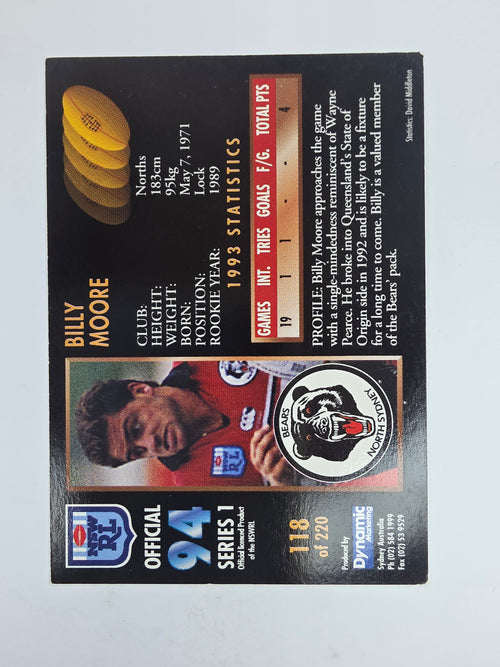 1994 Dynamic Series 1 Base Card #118 Billy Moore North Sydney Bears