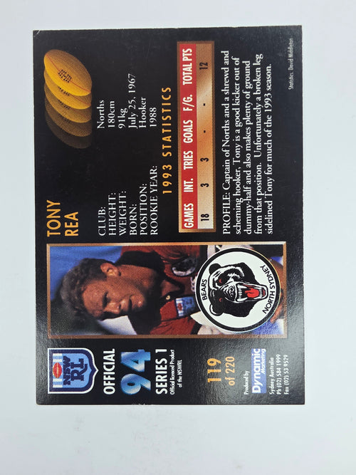 1994 Dynamic Series 1 Base Card #119 Tony Rea North Sydney Bears