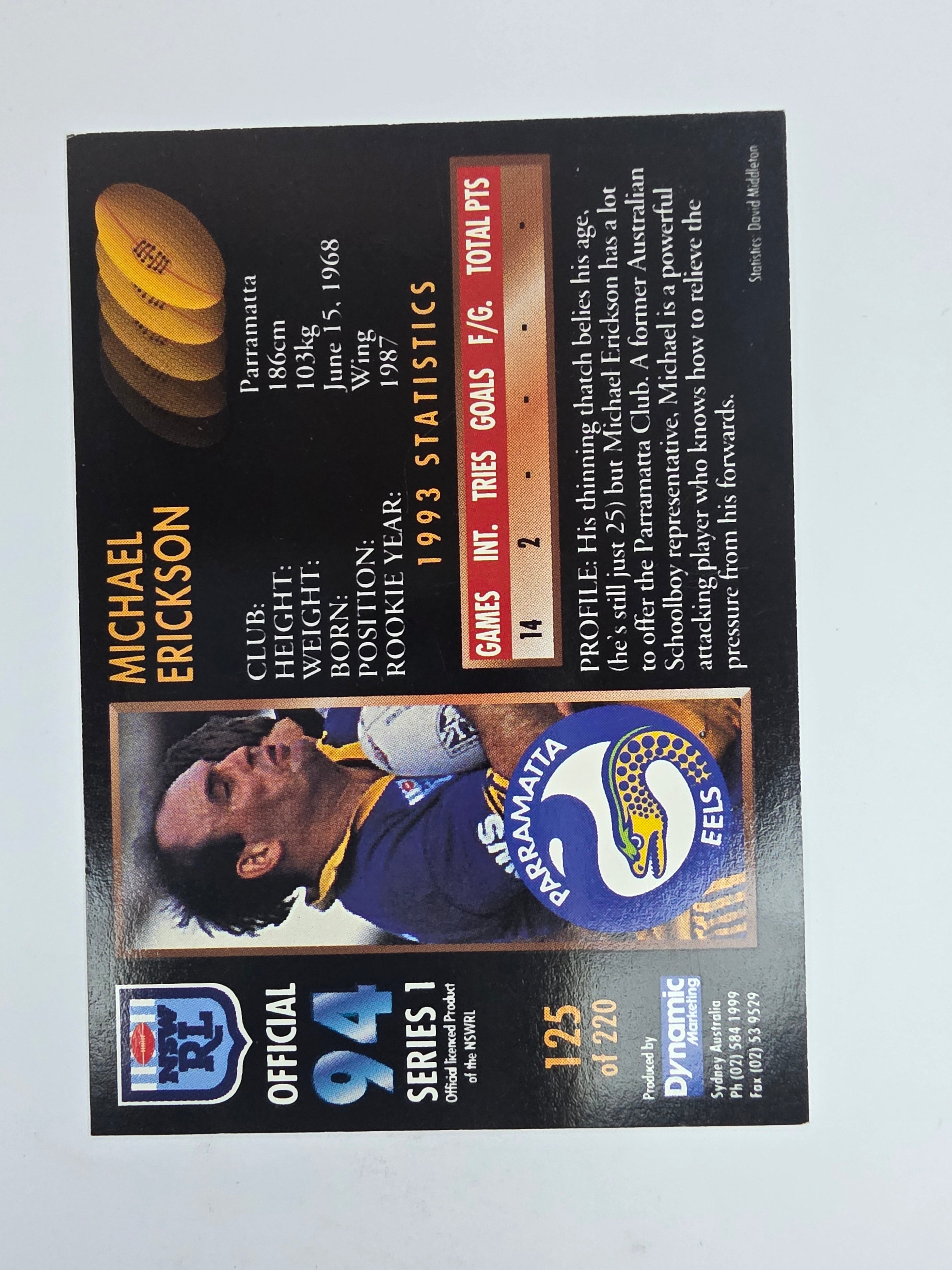 1994 Dynamic Series 1 Base Card #125 Michael Erikson Parramatta Eels