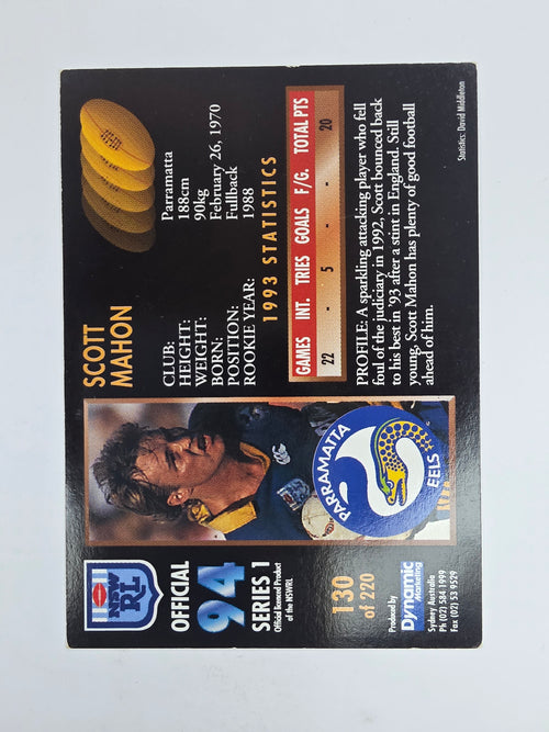 1994 Dynamic Series 1 Base Card #130 Scott Mahon Parramatta Eels