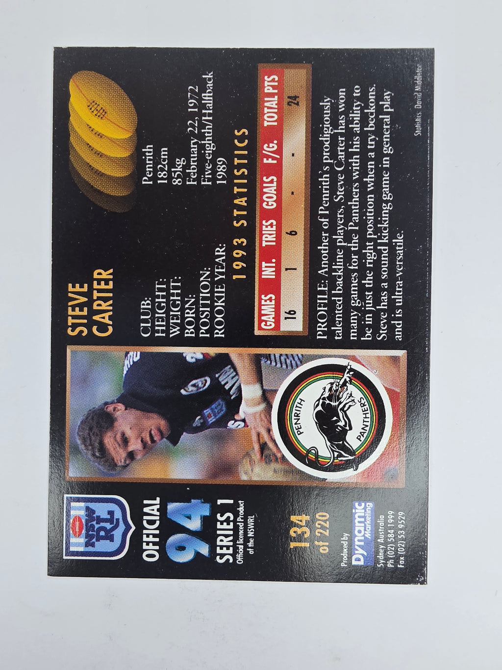 1994 Dynamic Series 1 Base Card #134 Steve Carter Penrith Panthers