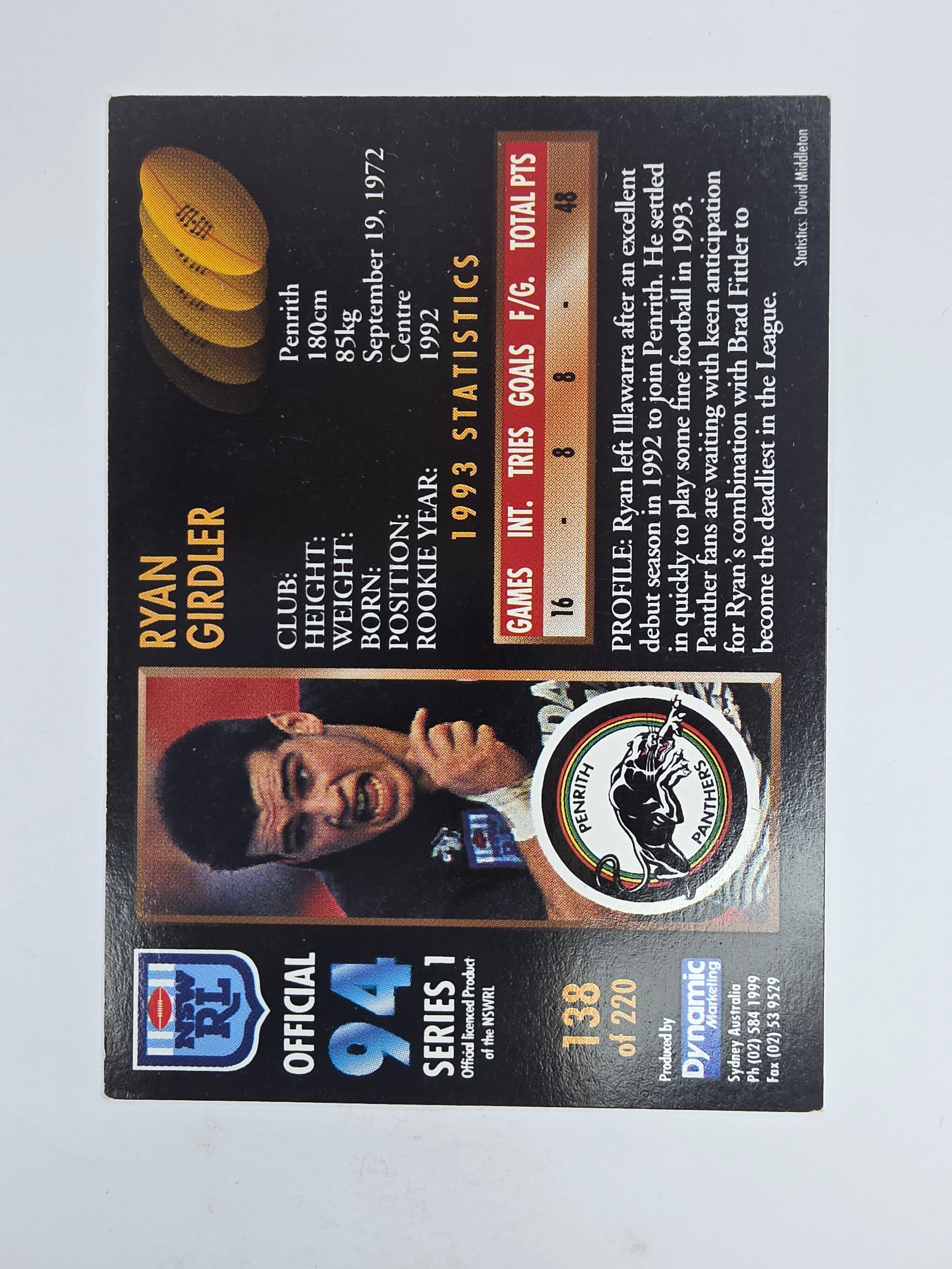 1994 Dynamic Series 1 Base Card #138 Ryan Girdler Penrith Panthers