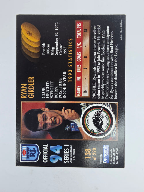1994 Dynamic Series 1 Base Card #138 Ryan Girdler Penrith Panthers