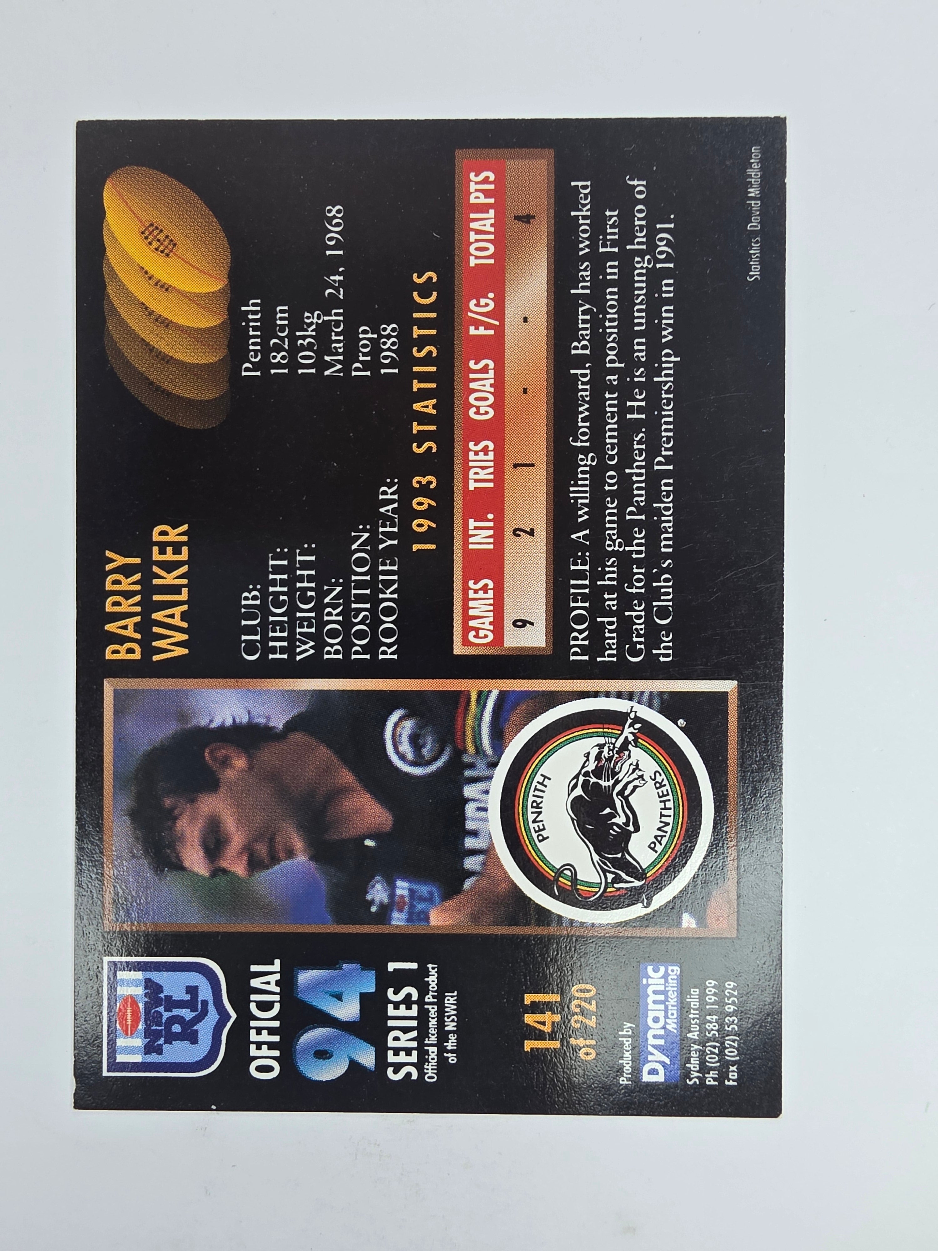 1994 Dynamic Series 1 Base Card #141 Barry Walker Penrith Panthers