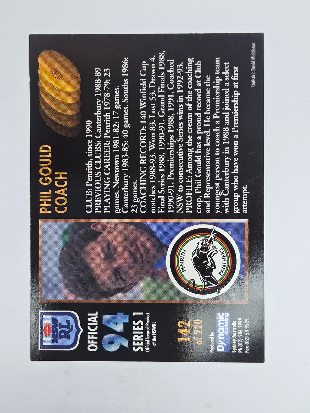 1994 Dynamic Series 1 Base Card #142 Phil Gould Penrith Panthers
