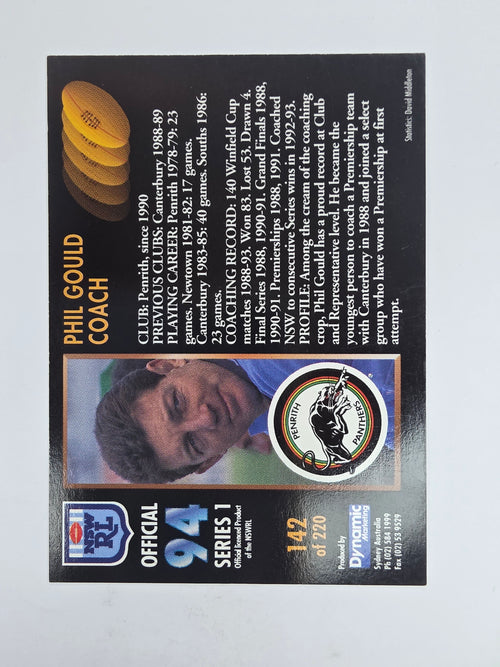 1994 Dynamic Series 1 Base Card #142 Phil Gould Penrith Panthers