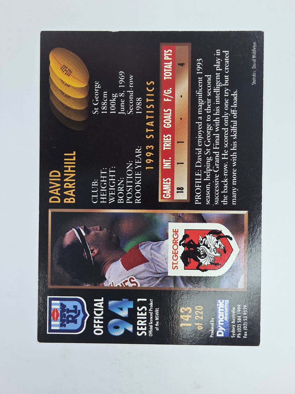 1994 Dynamic Series 1 Base Card #143 David Barnhill St George Dragons