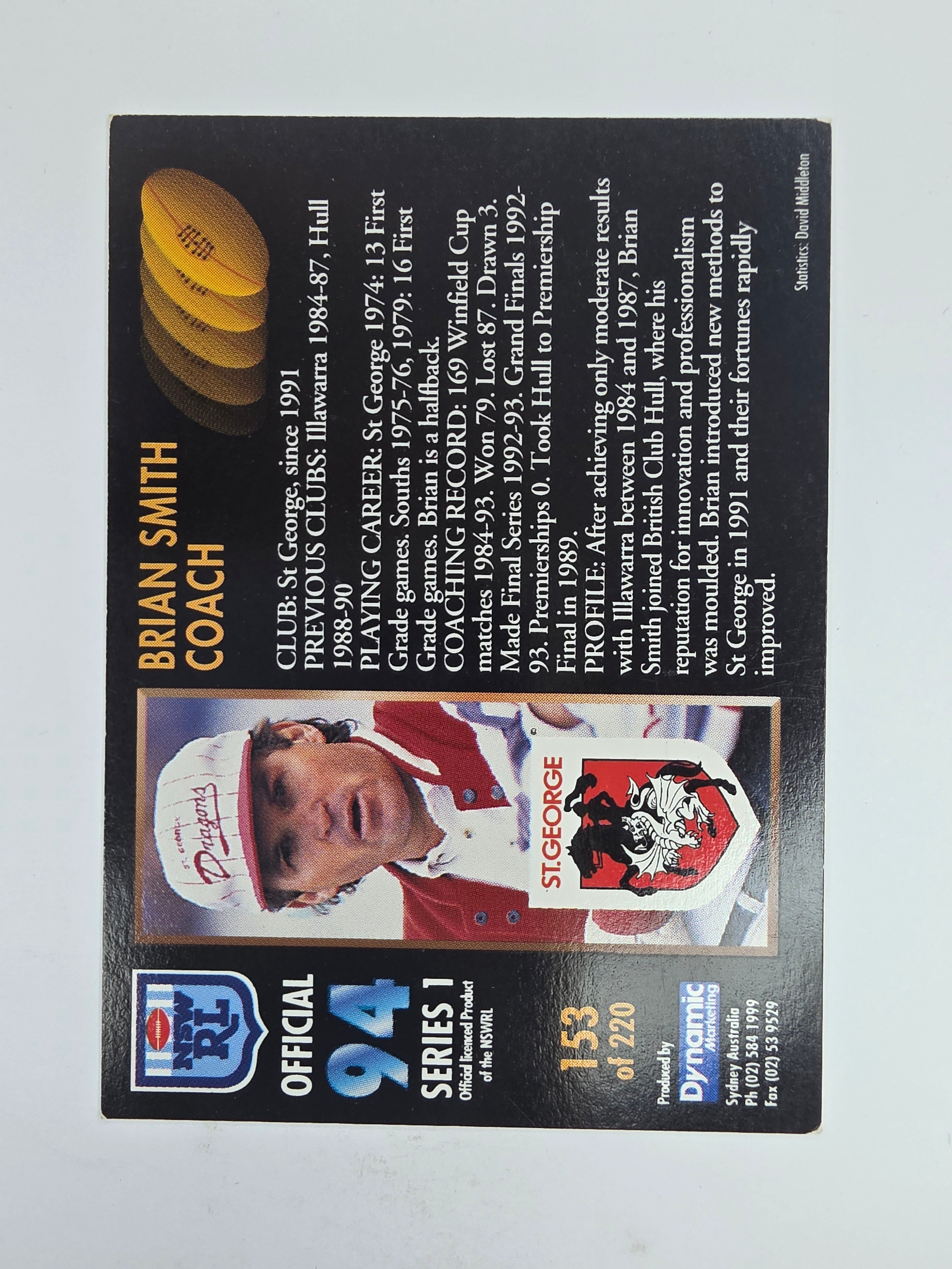 1994 Dynamic Series 1 Base Card #153 Brian Smith St George Dragons