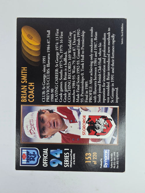 1994 Dynamic Series 1 Base Card #153 Brian Smith St George Dragons