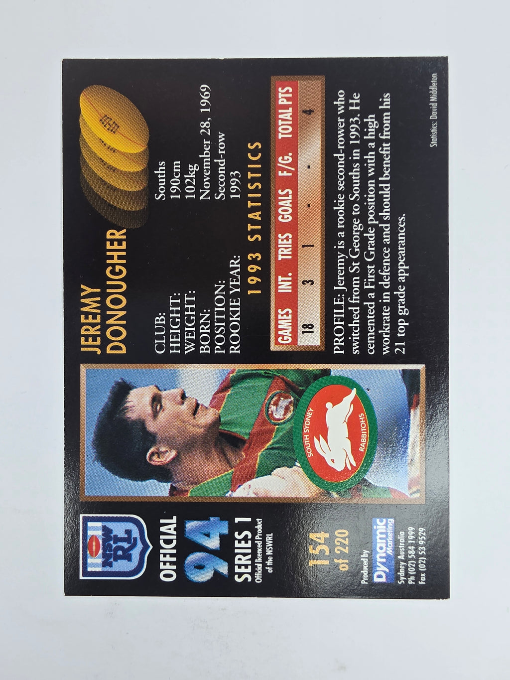 1994 Dynamic Series 1 Base Card #154 Jeremy Donougher South Sydney Rabbitohs