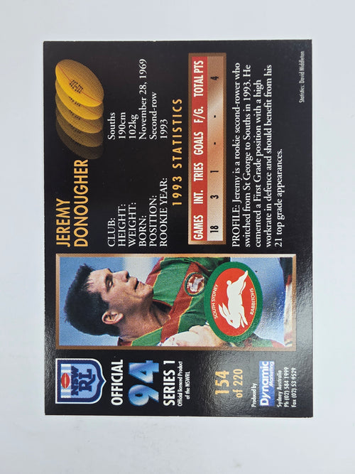 1994 Dynamic Series 1 Base Card #154 Jeremy Donougher South Sydney Rabbitohs