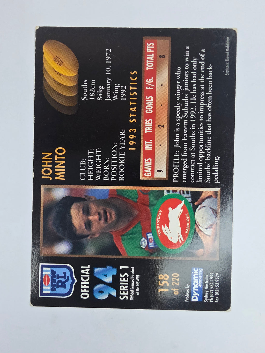 1994 Dynamic Series 1 Base Card #158 John Minto South Sydney Rabbitohs