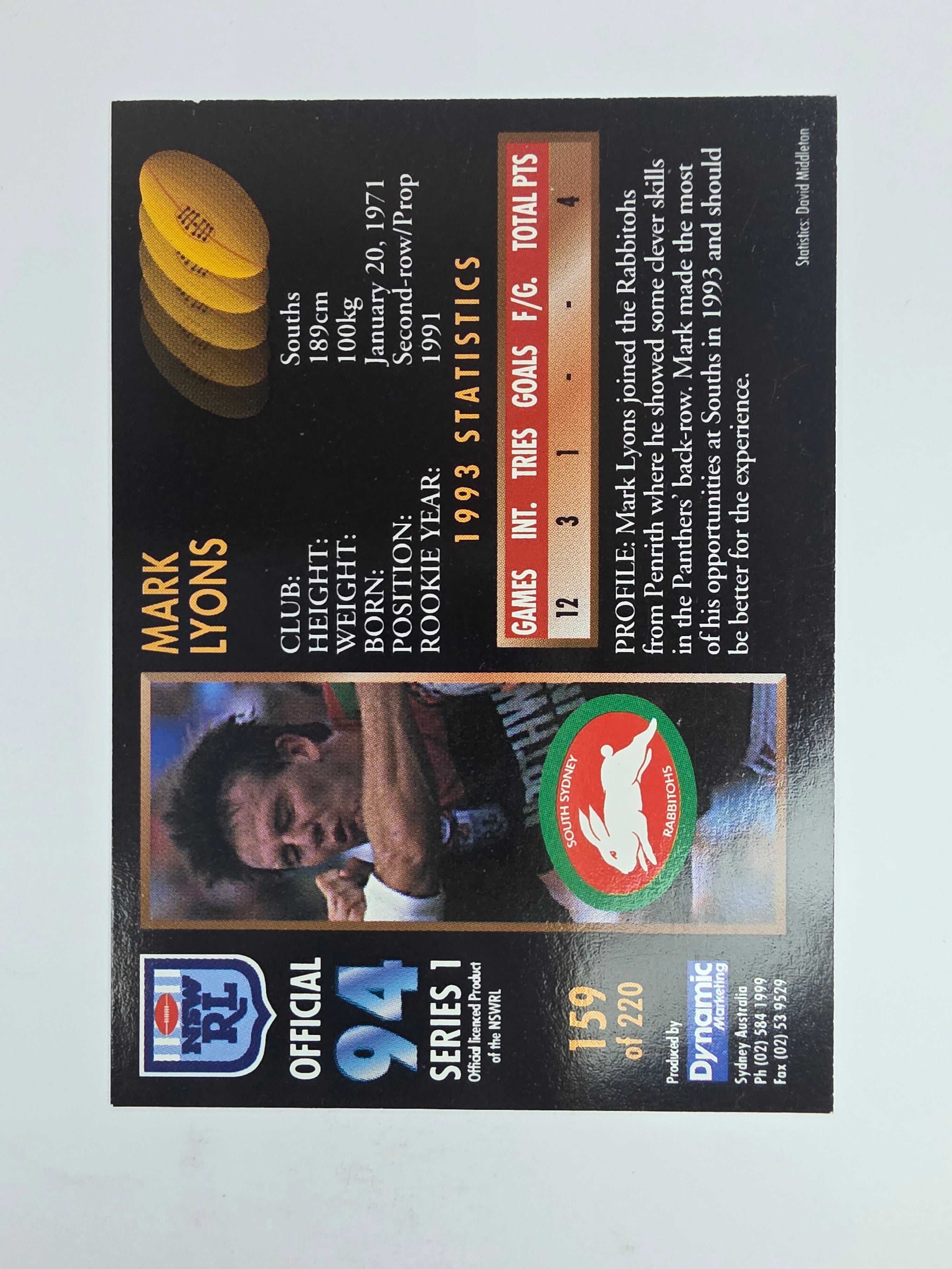 1994 Dynamic Series 1 Base Card #159 Mark Lyons South Sydney Rabbitohs