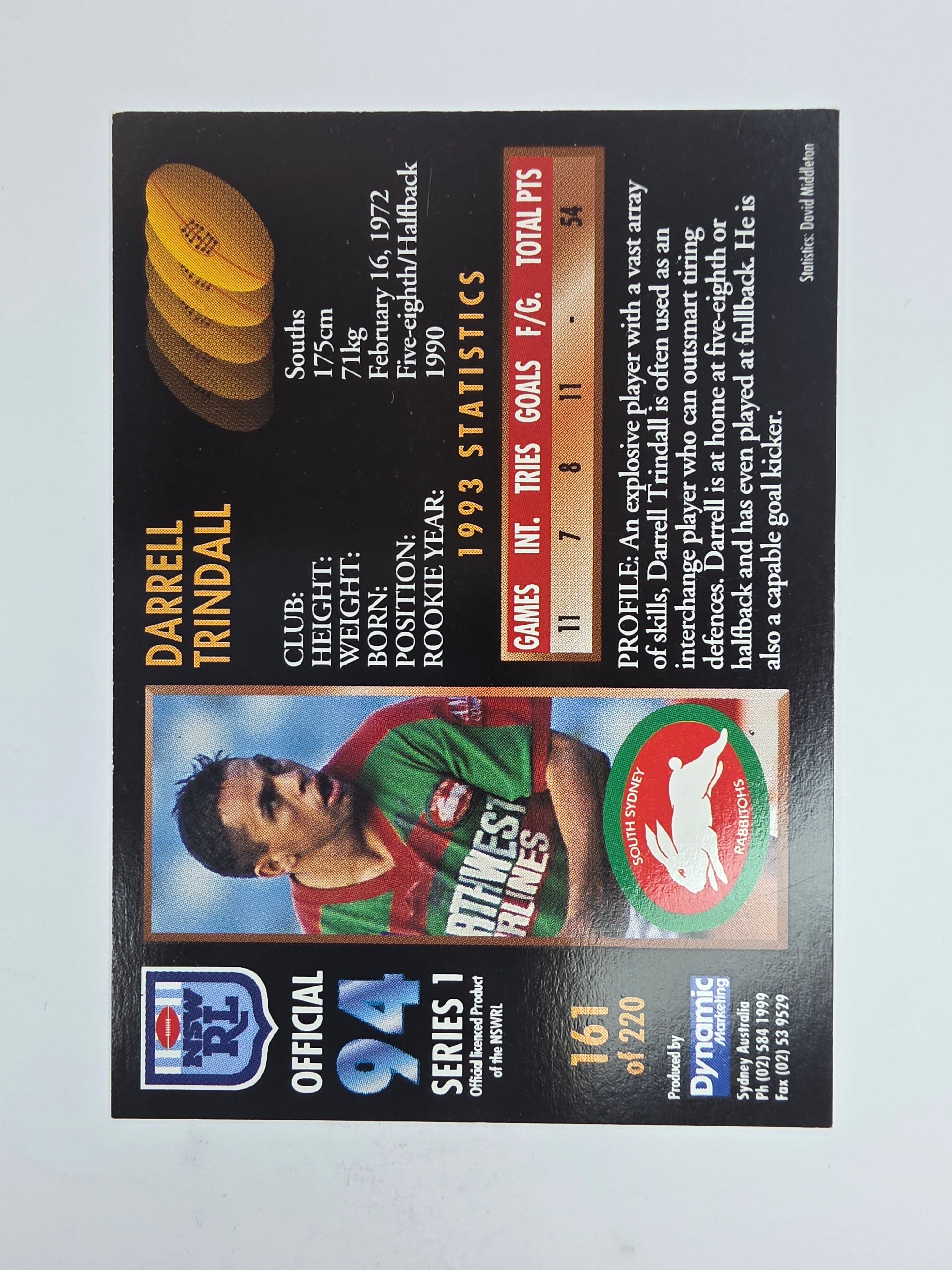 1994 Dynamic Series 1 Base Card #161 Darrell Trindall South Sydney Rabbitohs