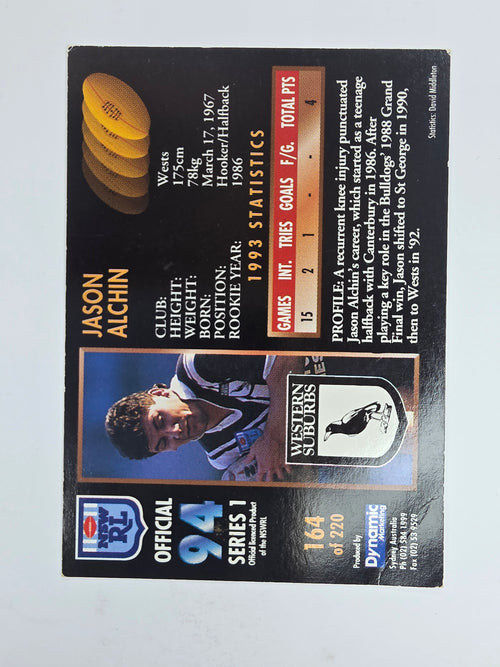 1994 Dynamic Series 1 Base Card #164 Jason Alchin Western Suburbs Magpies