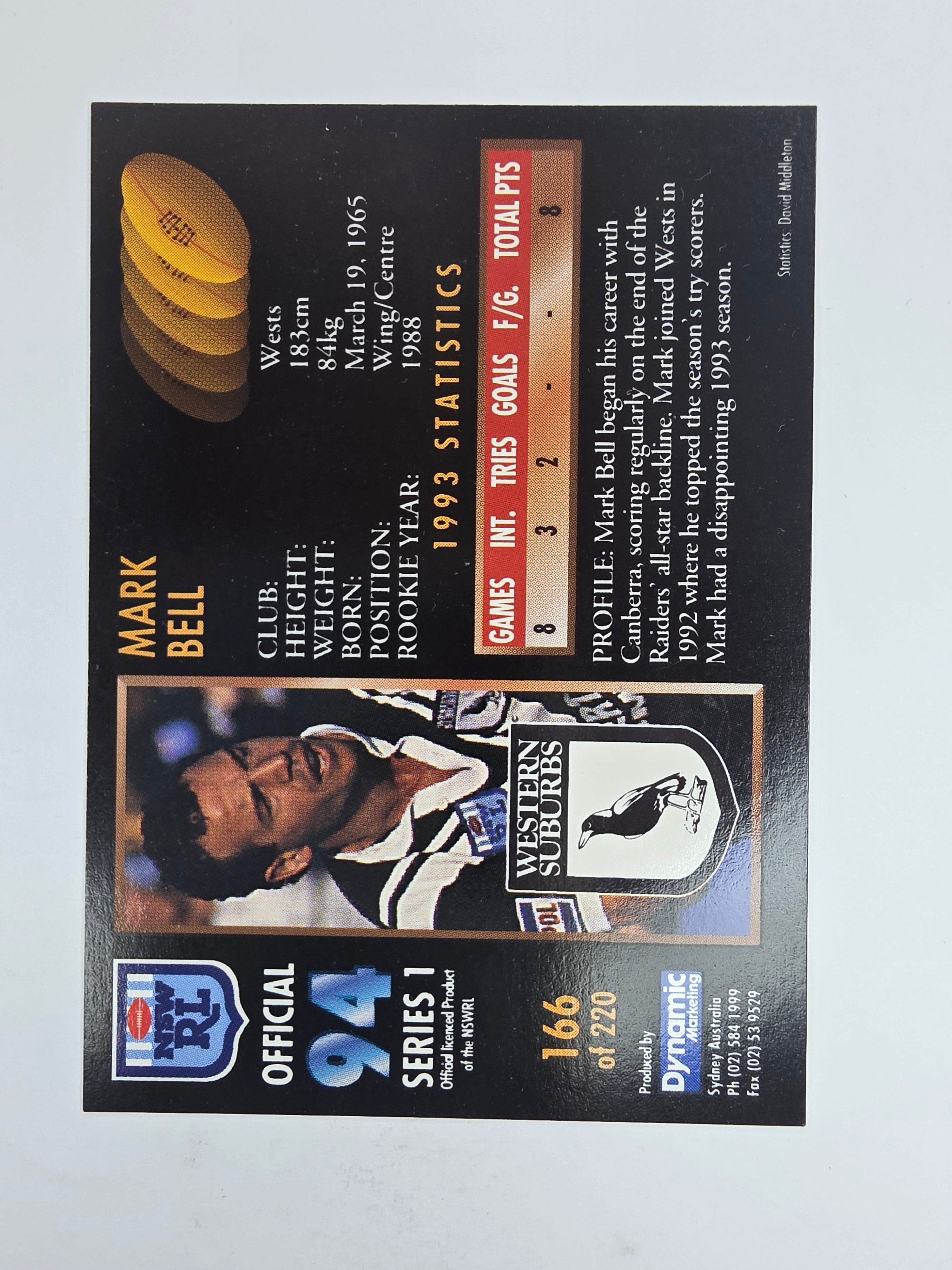 1994 Dynamic Series 1 Base Card #166 Mark Bell Western Suburbs Magpies