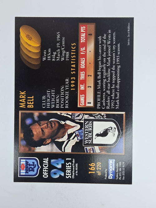 1994 Dynamic Series 1 Base Card #166 Mark Bell Western Suburbs Magpies