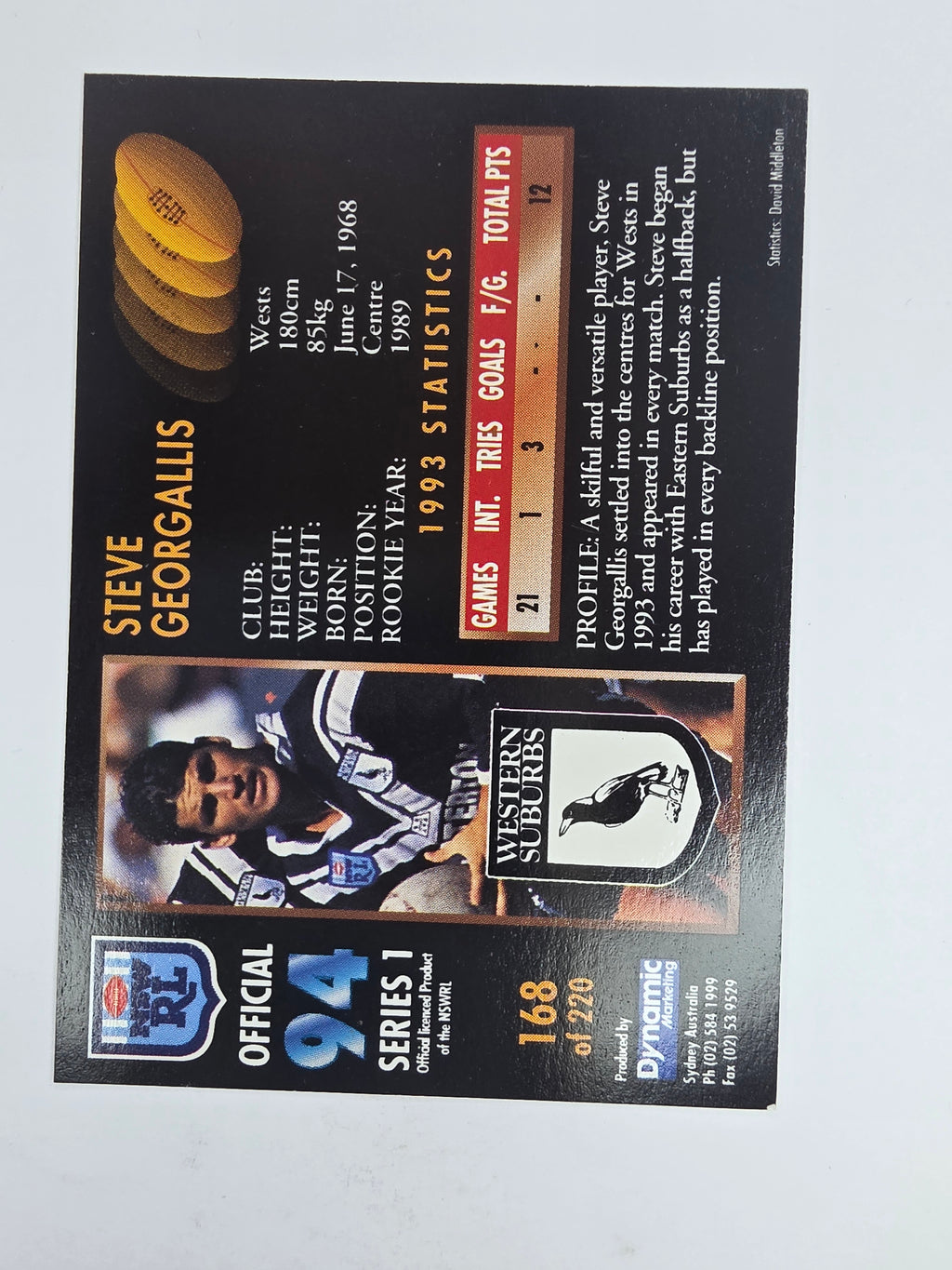 1994 Dynamic Series 1 Base Card #168 Steve Georgallis Western Suburbs Magpies