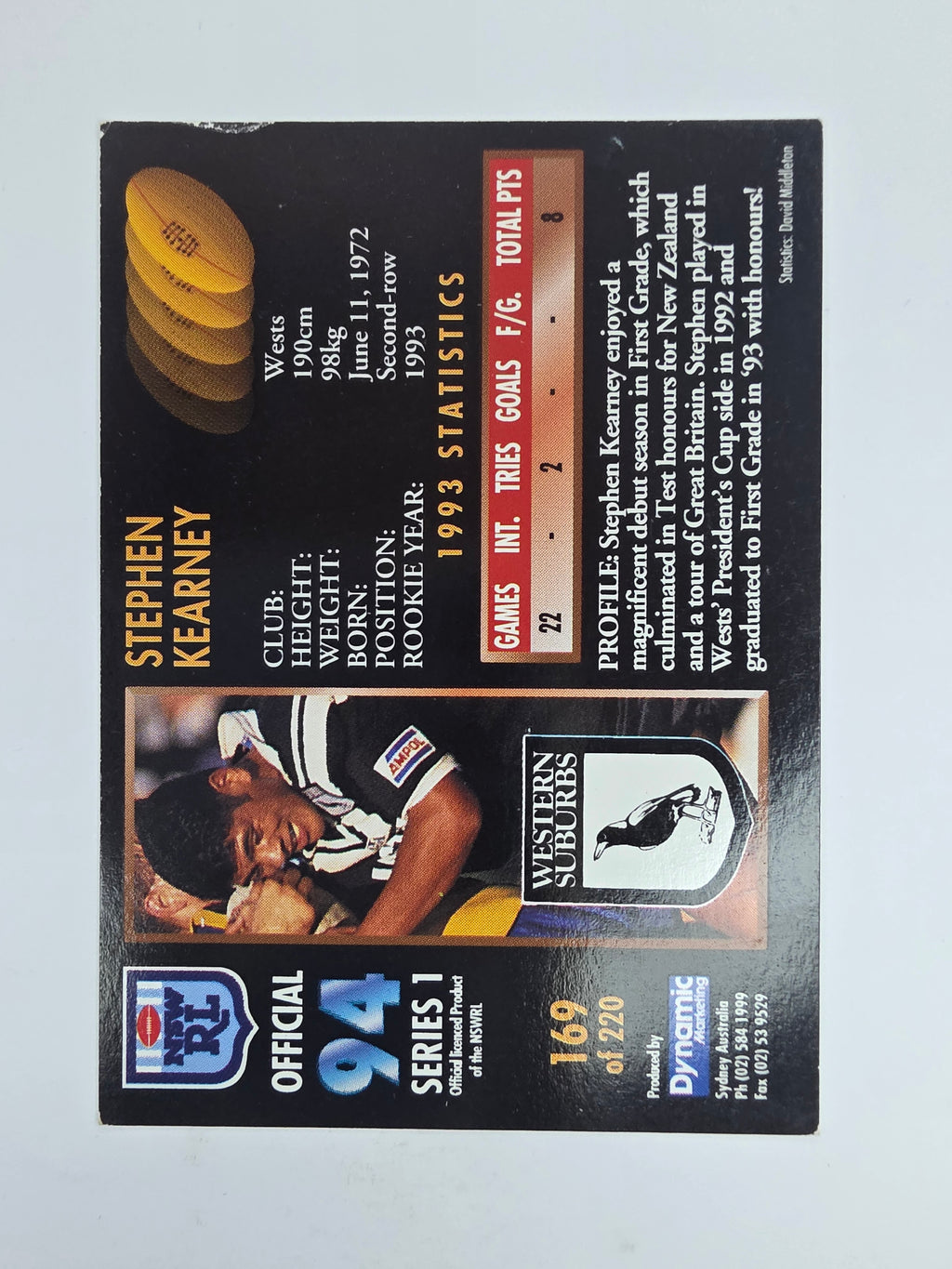 1994 Dynamic Series 1 Base Card #169 Steve Kearney Western Suburbs Magpies