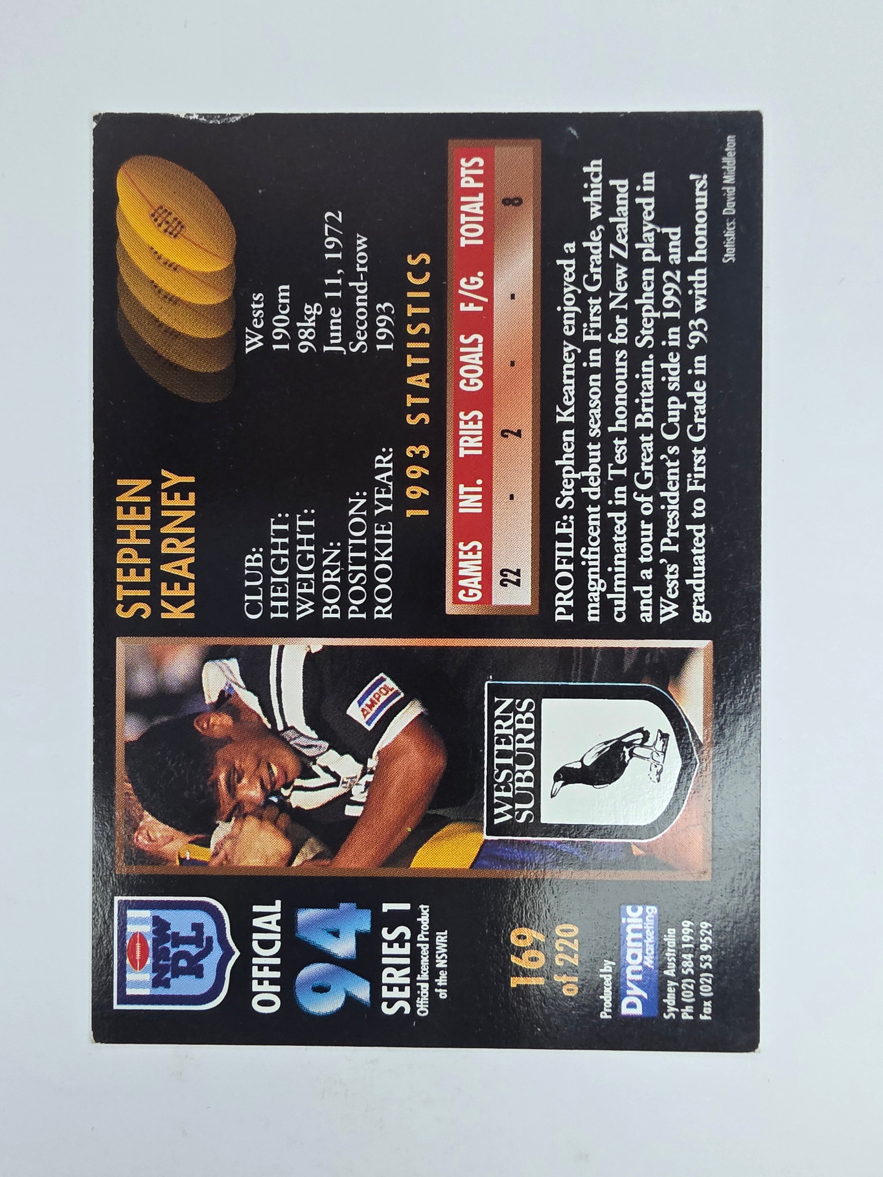 1994 Dynamic Series 1 Base Card #169 Steve Kearney Western Suburbs Magpies