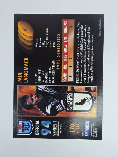 1994 Dynamic Series 1 Base Card #170 Paul Langmack Western Suburbs Magpies