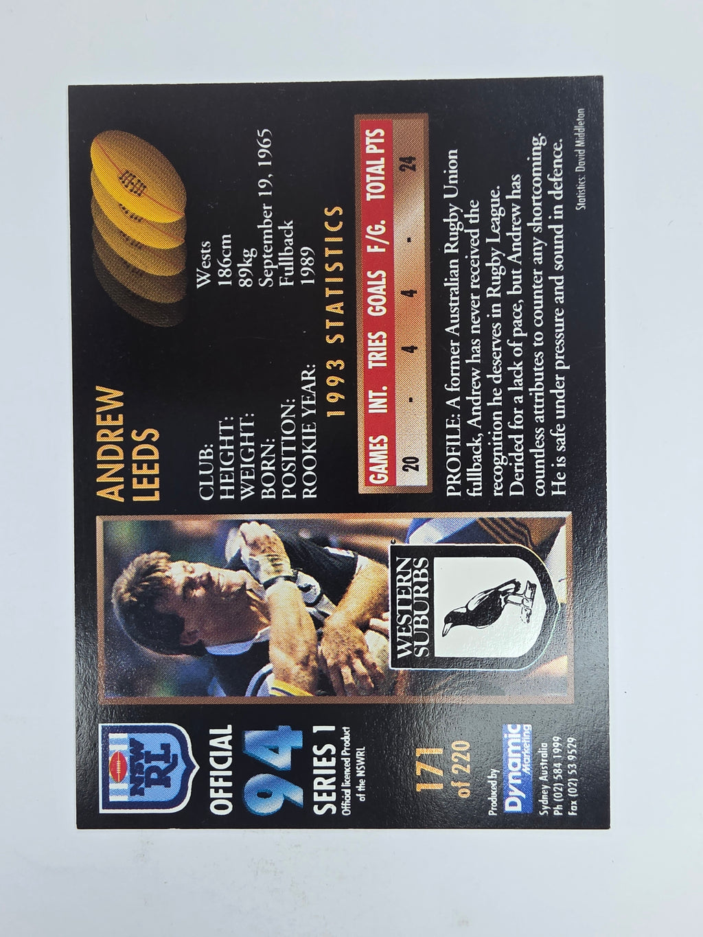1994 Dynamic Series 1 Base Card #171 Andrew Leeds Western Suburbs Magpies