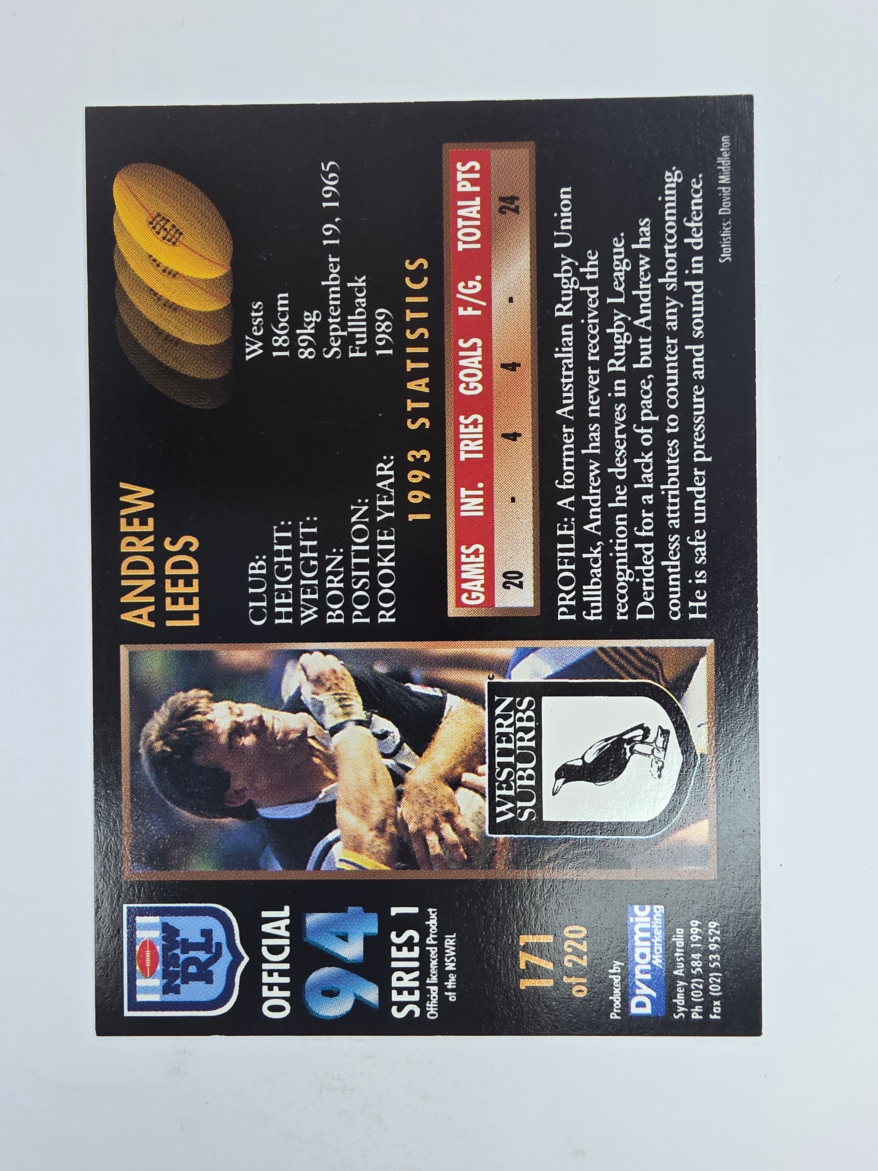1994 Dynamic Series 1 Base Card #171 Andrew Leeds Western Suburbs Magpies
