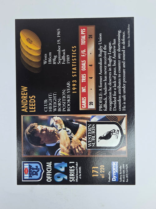 1994 Dynamic Series 1 Base Card #171 Andrew Leeds Western Suburbs Magpies