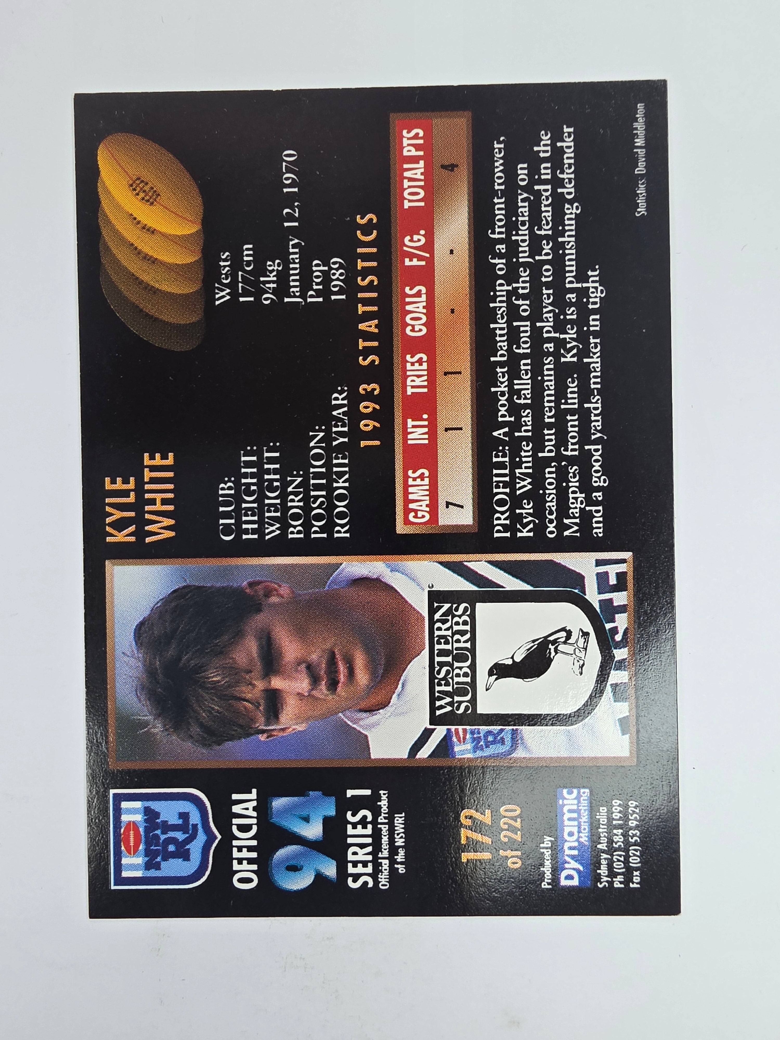 1994 Dynamic Series 1 Base Card #172 Kyle White Western Suburbs Magpies