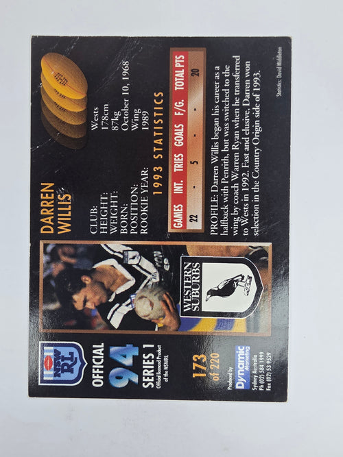 1994 Dynamic Series 1 Base Card #173 Darren Willis Western Suburbs Magpies