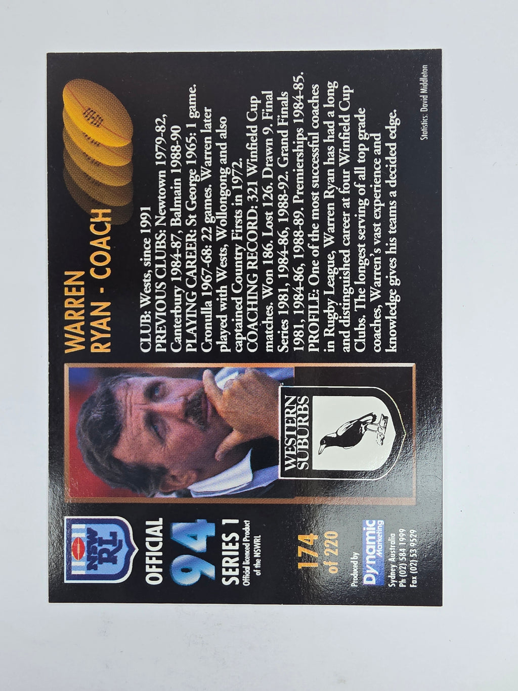 1994 Dynamic Series 1 Base Card #174 Warren Ryan Western Suburbs Magpies
