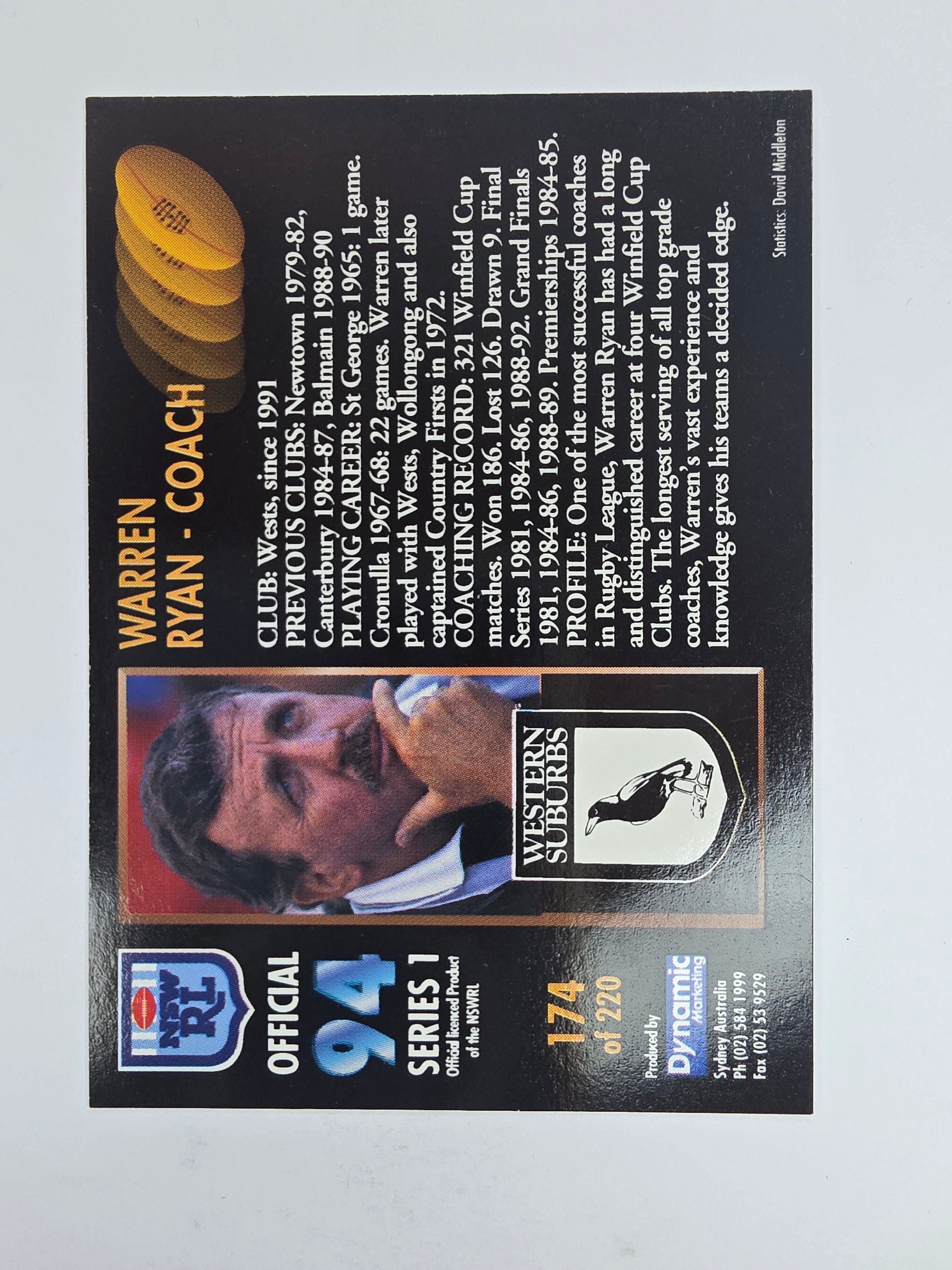 1994 Dynamic Series 1 Base Card #174 Warren Ryan Western Suburbs Magpies