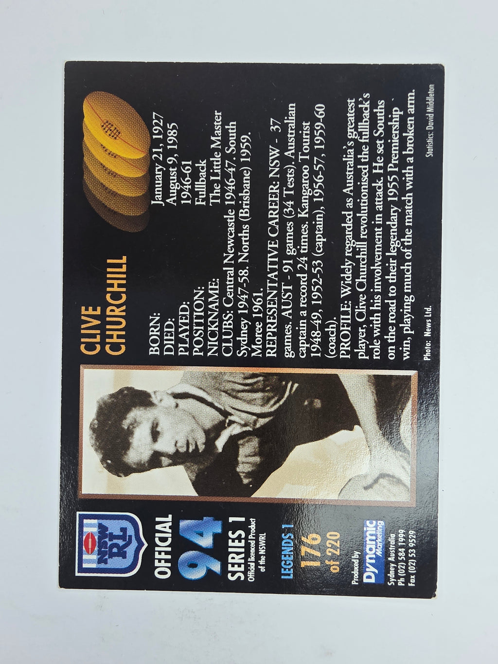 1994 Dynamic Series 1 Base Card #176 Clive Churchill South Sydney Rabbitohs