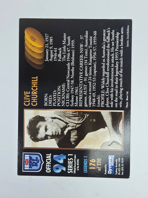 1994 Dynamic Series 1 Base Card #176 Clive Churchill South Sydney Rabbitohs