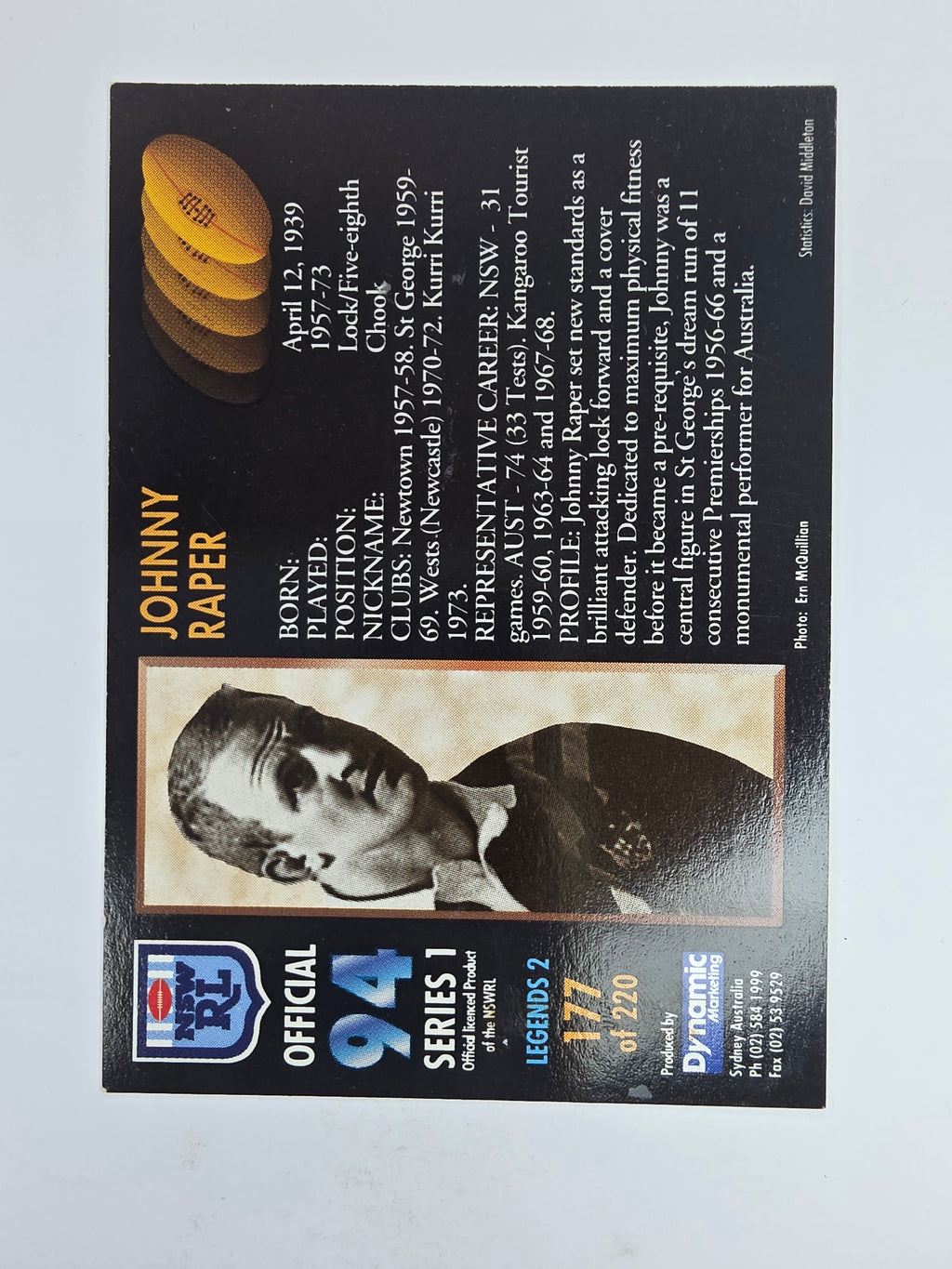 1994 Dynamic Series 1 Base Card #177 Johnny Raper St George Dragons
