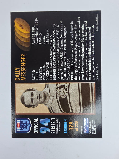 1994 Dynamic Series 1 Base Card #179 Dally Messenger Eastern Suburbs Roosters