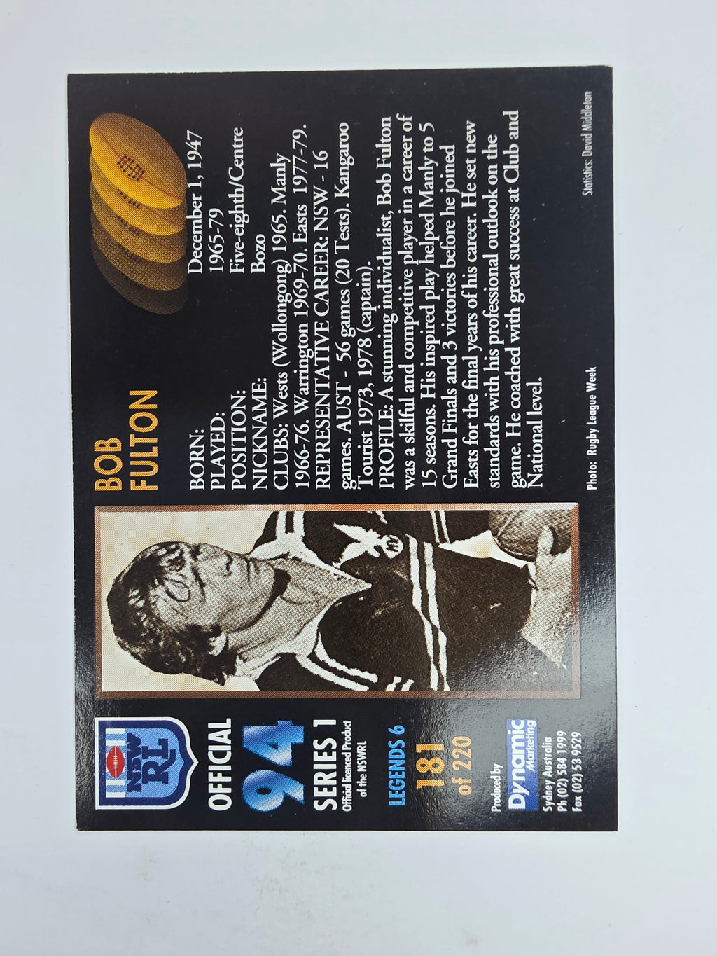 1994 Dynamic Series 1 Base Card #181 Bob Fulton Manly Warringah Sea Eagles