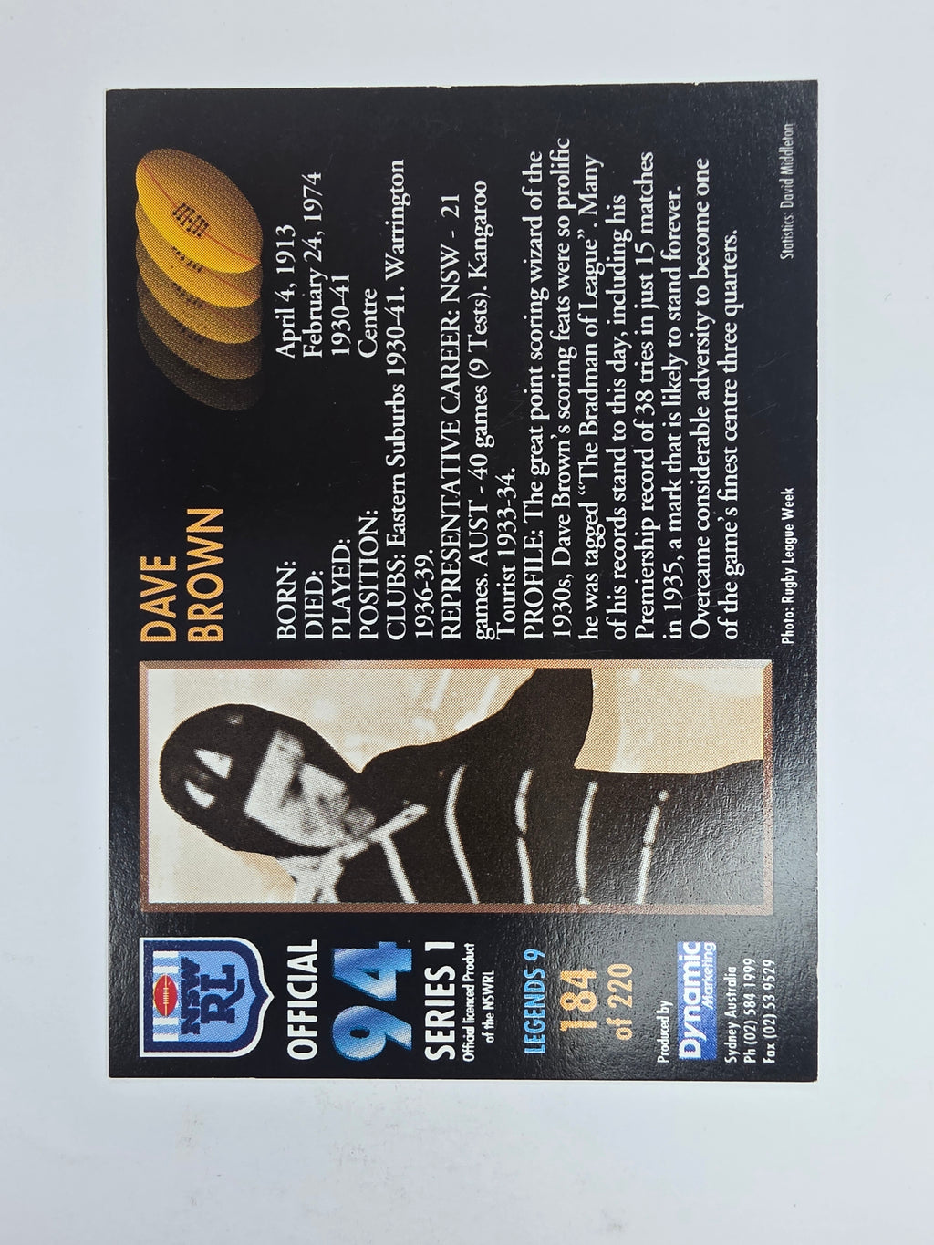 1994 Dynamic Series 1 Base Card #184 Dave Brown Eastern Suburbs Roosters