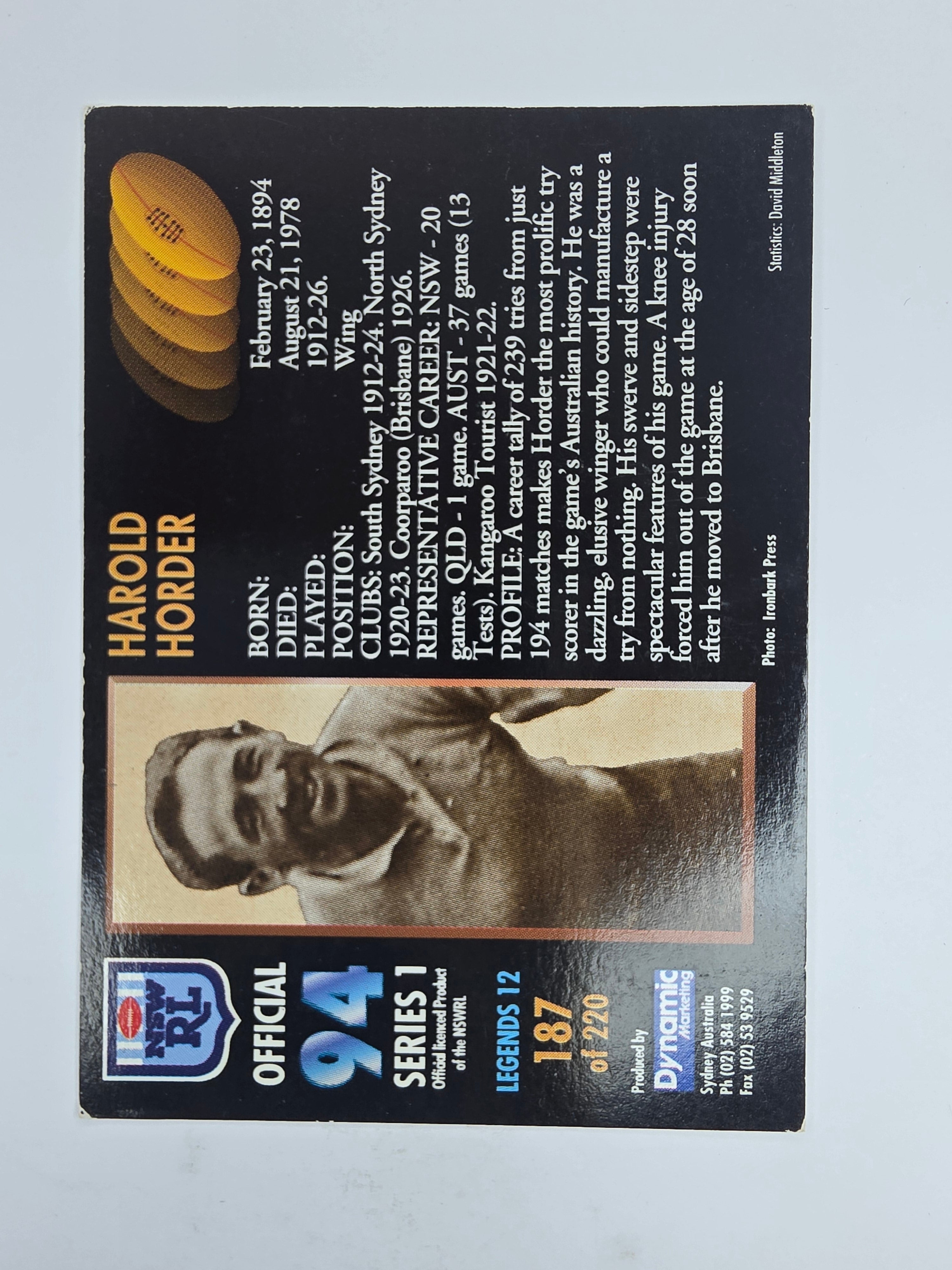 1994 Dynamic Series 1 Base Card #187 Harrold Holder South Sydney Rabbitohs