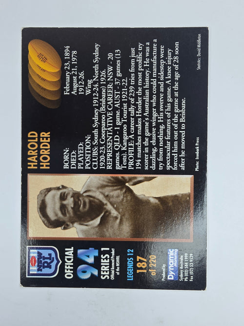1994 Dynamic Series 1 Base Card #187 Harrold Holder South Sydney Rabbitohs