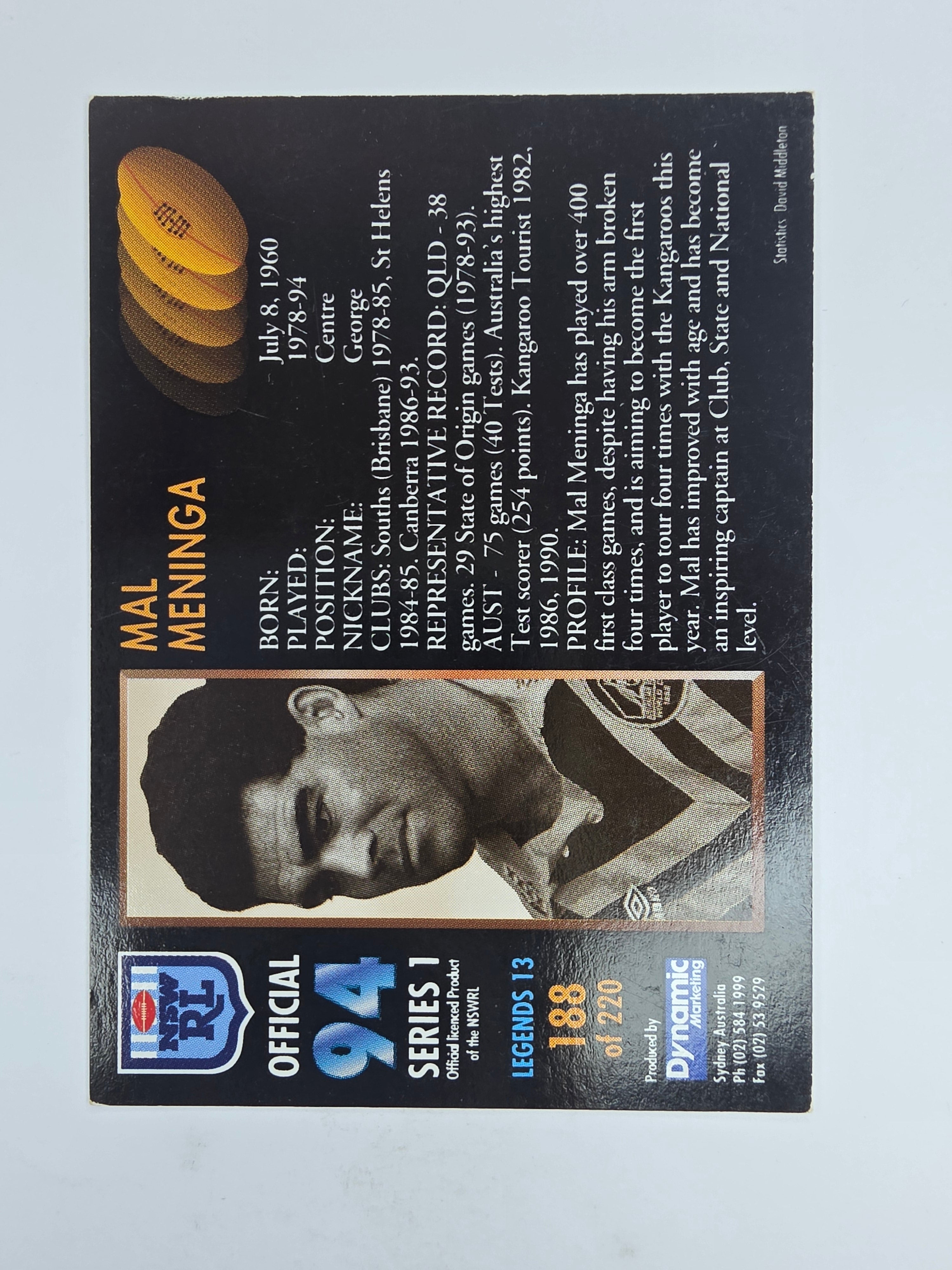 1994 Dynamic Series 1 Base Card #188 Mal Meninga Canberra Raiders