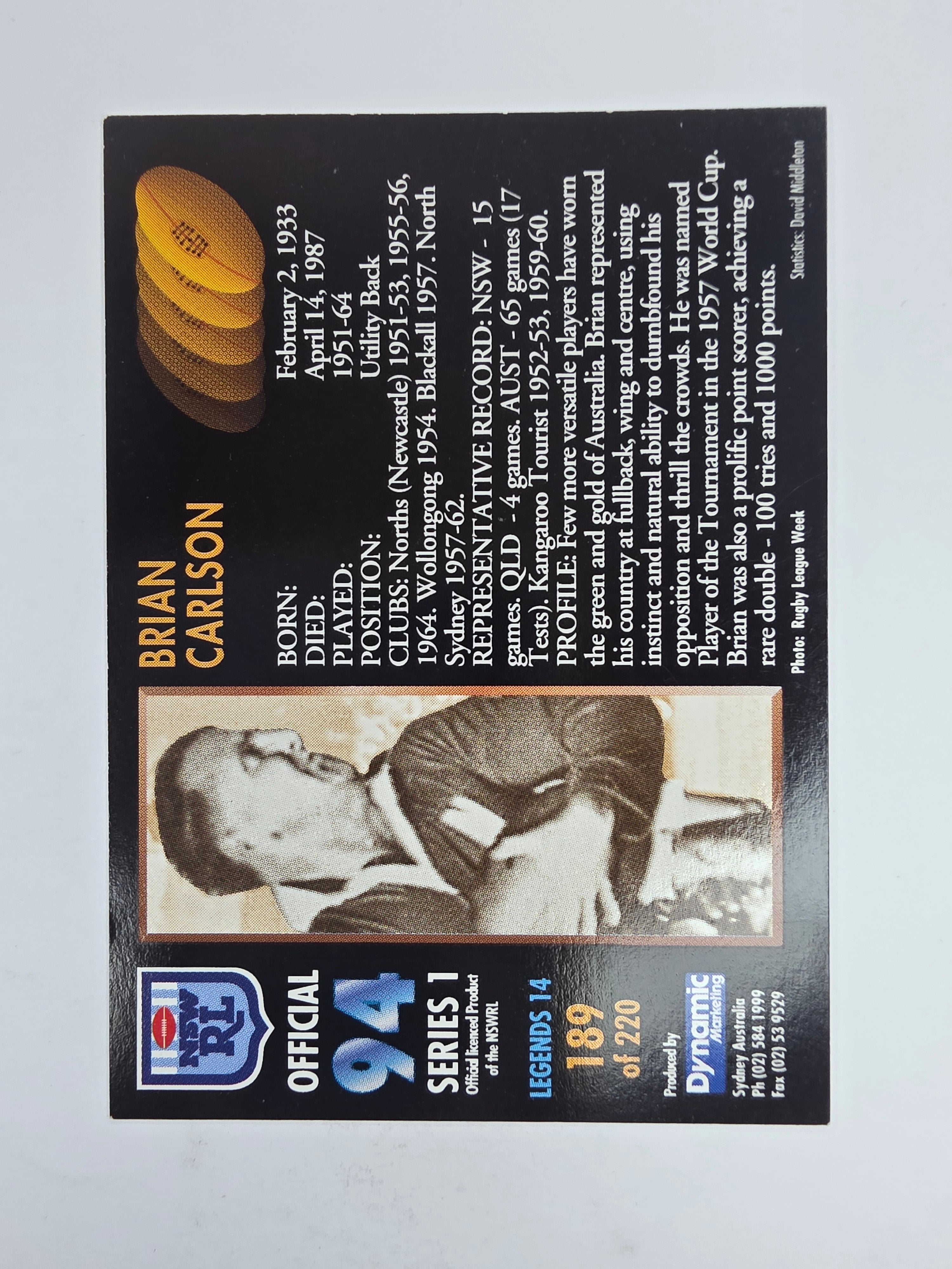 1994 Dynamic Series 1 Base Card #189 Brian Carlson North Sydney Bears