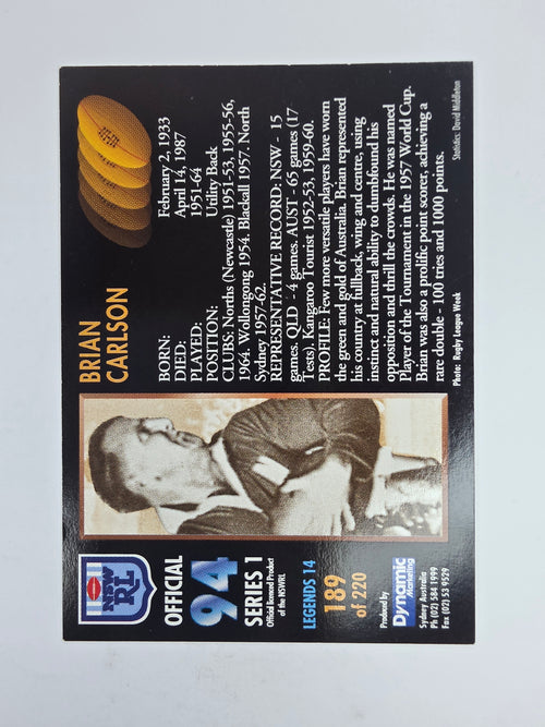1994 Dynamic Series 1 Base Card #189 Brian Carlson North Sydney Bears