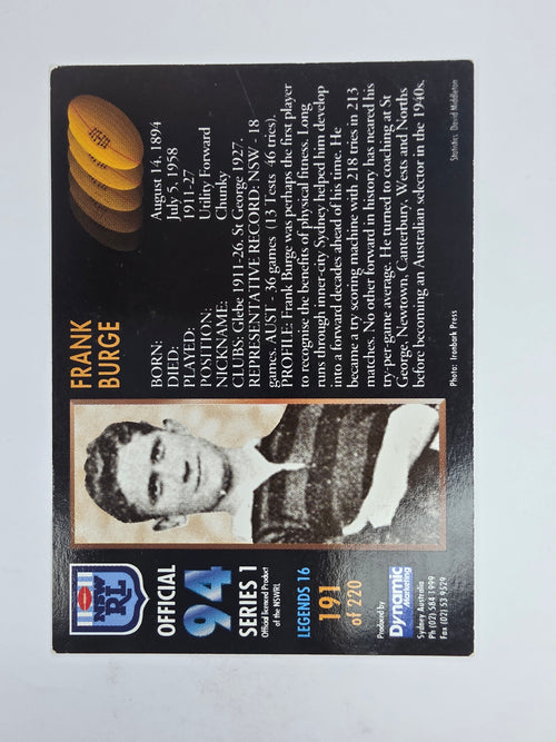 1994 Dynamic Series 1 Base Card #191 Frank Burge St George Dragons
